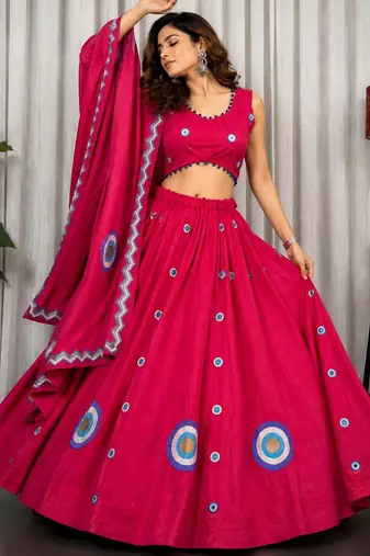 Rani Pink Embroidery and sequins And Aari mirror Silk Blend Lahenga Choli Set 