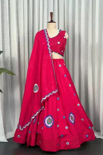 Rani Pink Embroidery and sequins And Aari mirror Silk Blend Lahenga Choli Set 
