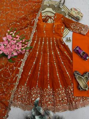 Designer orange heavy zari & sequins work anarkali gown 4
