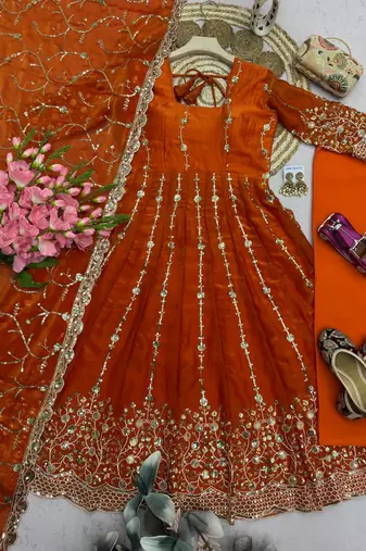 Designer orange heavy zari & sequins work anarkali gown