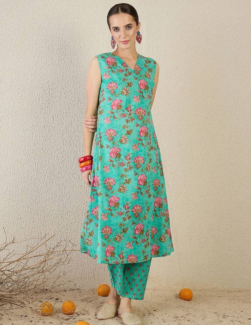 Floral Printed V-Neck Pure Cotton A-Line Kurta With Trouser