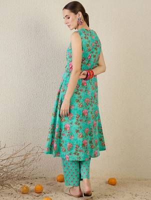 Floral Printed V-Neck Pure Cotton A-Line Kurta With Trouser 4