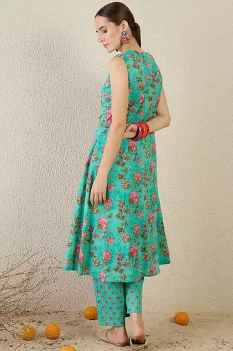 Floral Printed V-Neck Pure Cotton A-Line Kurta With Trouser