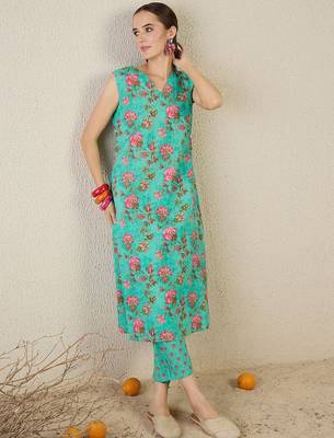 Floral Printed V-Neck Pure Cotton A-Line Kurta With Trouser 5