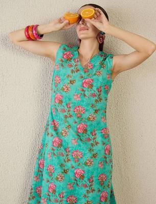 Floral Printed V-Neck Pure Cotton A-Line Kurta With Trouser 6