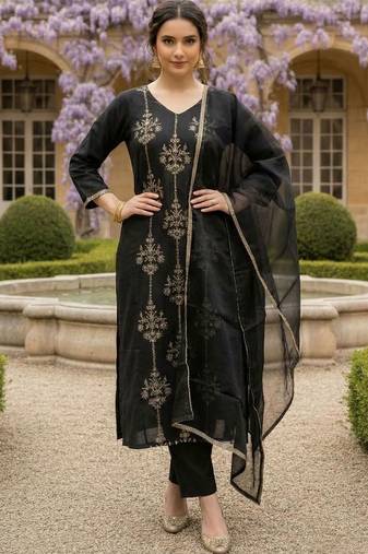 Women Ethnic Motifs Embroidered Regular Thread Work Liva Kurta with Trousers & With Dupatta