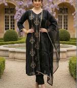 Women Ethnic Motifs Embroidered Regular Thread Work Liva Kurta with Trousers & With Dupatta