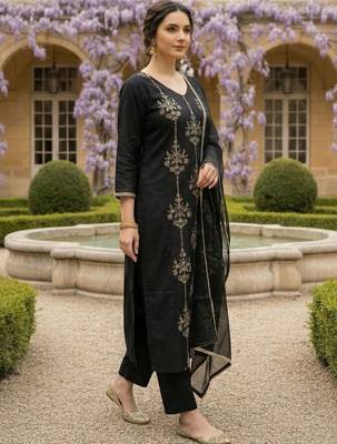 Women Ethnic Motifs Embroidered Regular Thread Work Liva Kurta with Trousers & With Dupatta 3