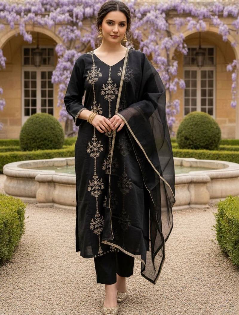 Women Ethnic Motifs Embroidered Regular Thread Work Liva Kurta with Trousers & With Dupatta