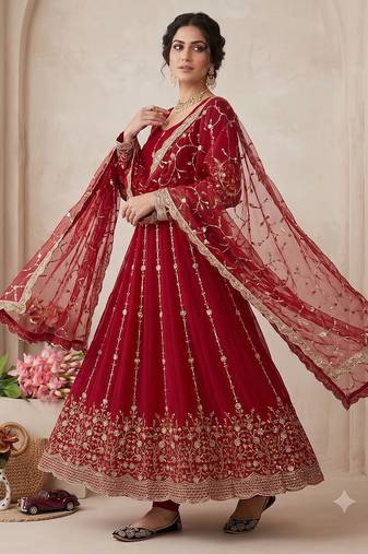 Designer red  heavy zari & sequins work anarkali gown