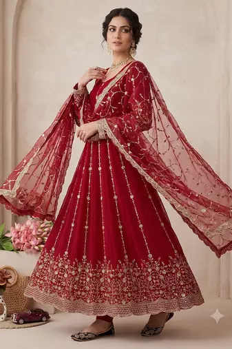 Designer red  heavy zari & sequins work anarkali gown