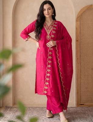 Women Ethnic Motifs Embroidered Regular Thread Work Kurta with Trousers & With Dupatta 1