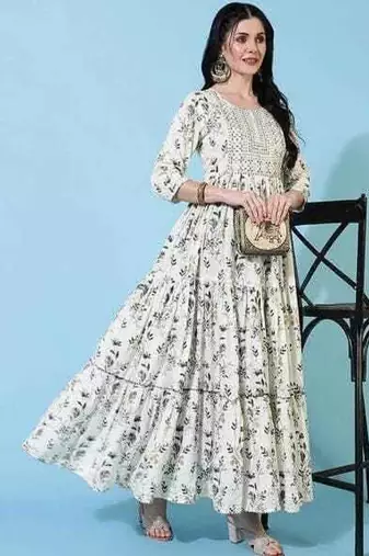 Women Floral Printed Thread Work Floral Anarkali Kurta