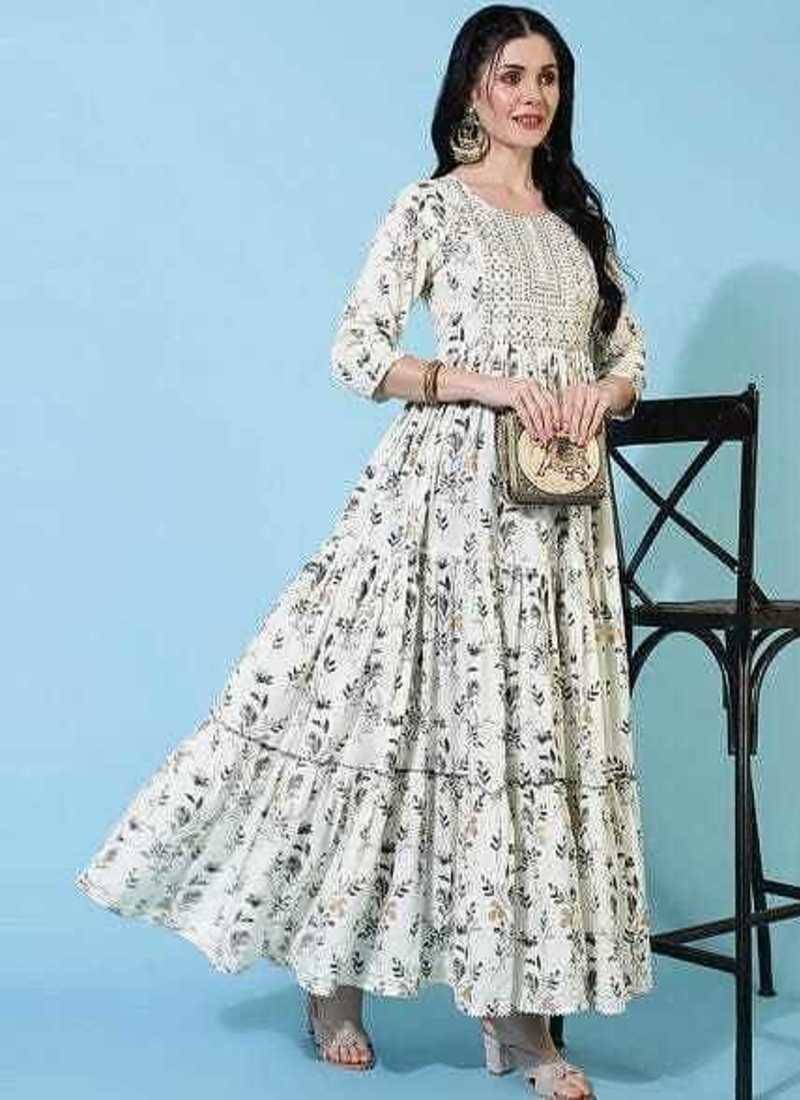 Women Floral Printed Thread Work Floral Anarkali Kurta