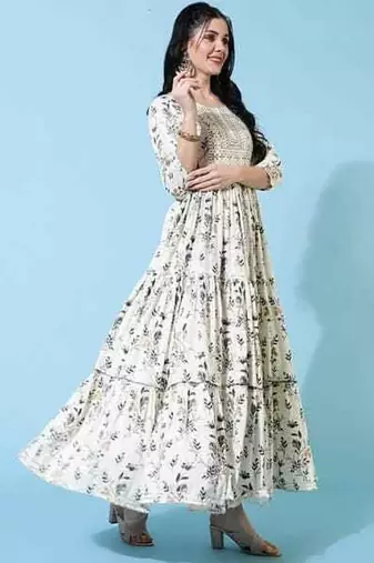 Women Floral Printed Thread Work Floral Anarkali Kurta