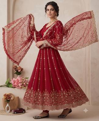 Designer red  heavy zari & sequins work anarkali gown 2
