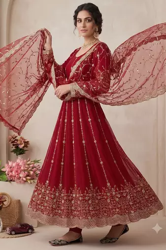 Designer red  heavy zari & sequins work anarkali gown