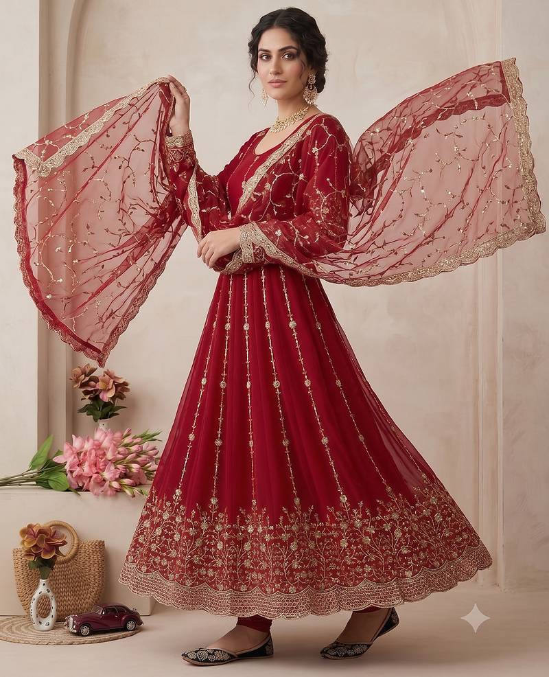 Designer red  heavy zari & sequins work anarkali gown