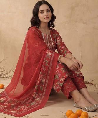 Women Floral Embroidered Regular Mirror Work Kurta with Trousers & With Dupatta 1