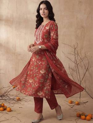 Women Floral Embroidered Regular Mirror Work Kurta with Trousers & With Dupatta 2