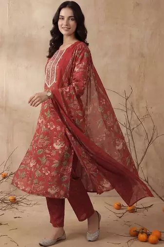 Women Floral Embroidered Regular Mirror Work Kurta with Trousers & With Dupatta