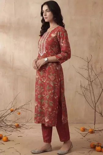 Women Floral Embroidered Regular Mirror Work Kurta with Trousers & With Dupatta
