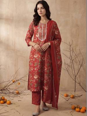 Women Floral Embroidered Regular Mirror Work Kurta with Trousers & With Dupatta 5