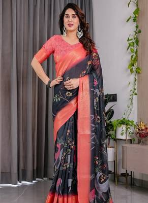 Black Color digital floral prints And zari woven Work Linen Saree 1