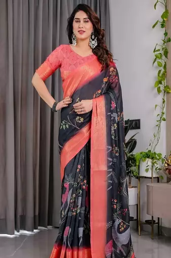 Black digital floral prints And zari woven Work Linen Saree