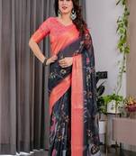 Black Color digital floral prints And zari woven Work Linen Saree