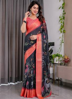 Black Color digital floral prints And zari woven Work Linen Saree 2