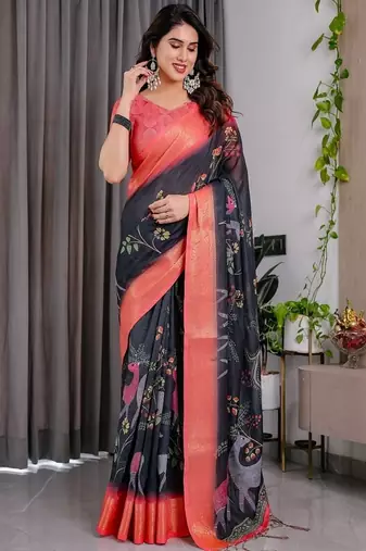 Black digital floral prints And zari woven Work Linen Saree