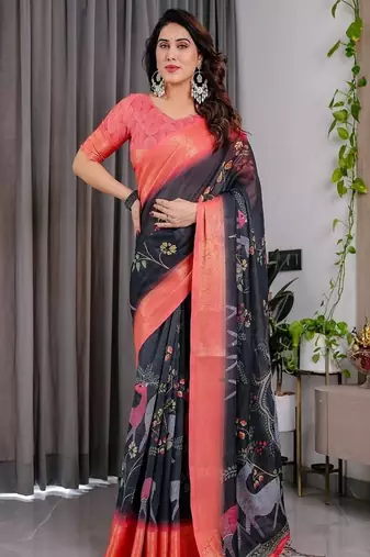 Black digital floral prints And zari woven Work Linen Saree