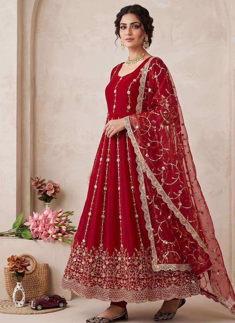 Designer red  heavy zari & sequins work anarkali gown