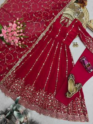 Designer red  heavy zari & sequins work anarkali gown 4