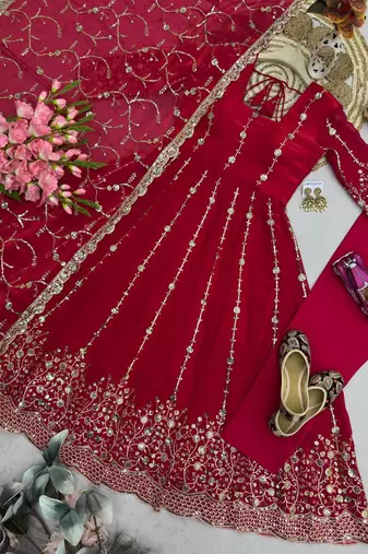 Designer red  heavy zari & sequins work anarkali gown