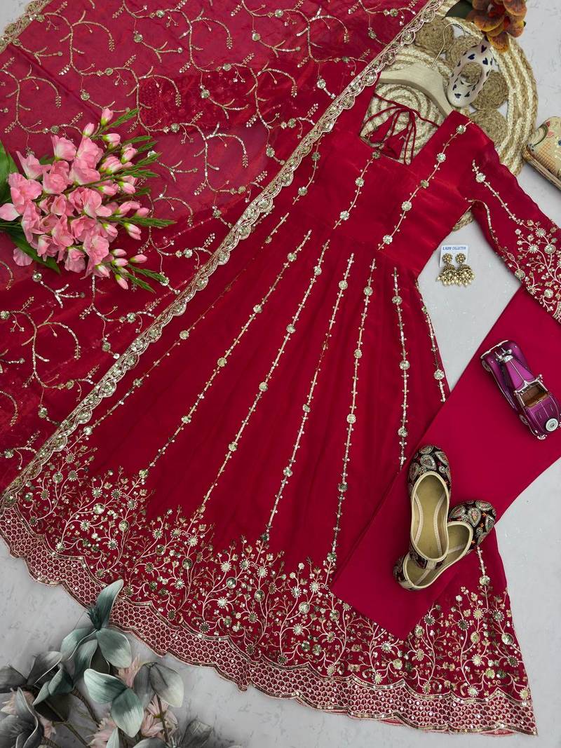 Designer red  heavy zari & sequins work anarkali gown