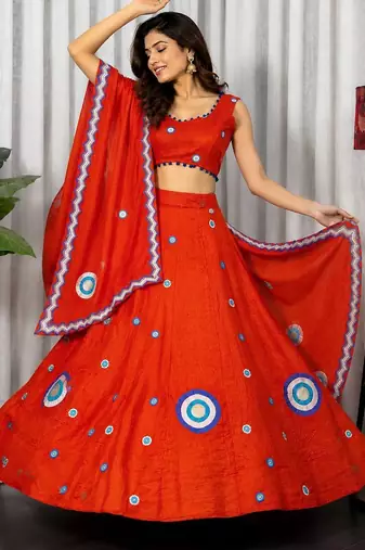 Orange Embroidery and sequins And Aari mirror Silk Blend Lahenga Choli Set 