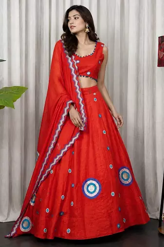 Orange Embroidery and sequins And Aari mirror Silk Blend Lahenga Choli Set 
