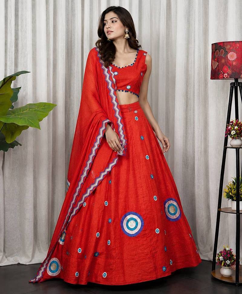 Orange Embroidery and sequins And Aari mirror Silk Blend Lahenga Choli Set 