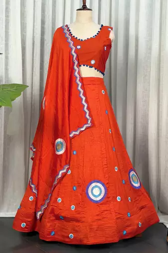 Orange Embroidery and sequins And Aari mirror Silk Blend Lahenga Choli Set 