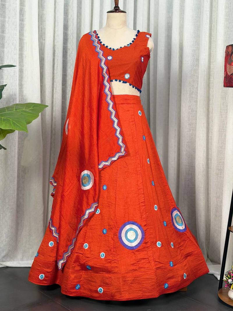 Orange Embroidery and sequins And Aari mirror Silk Blend Lahenga Choli Set 