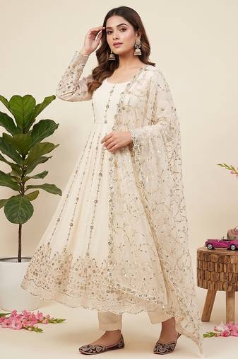 Designer white heavy zari & sequins work anarkali gown