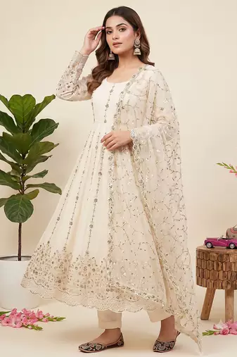 Designer white heavy zari & sequins work anarkali gown