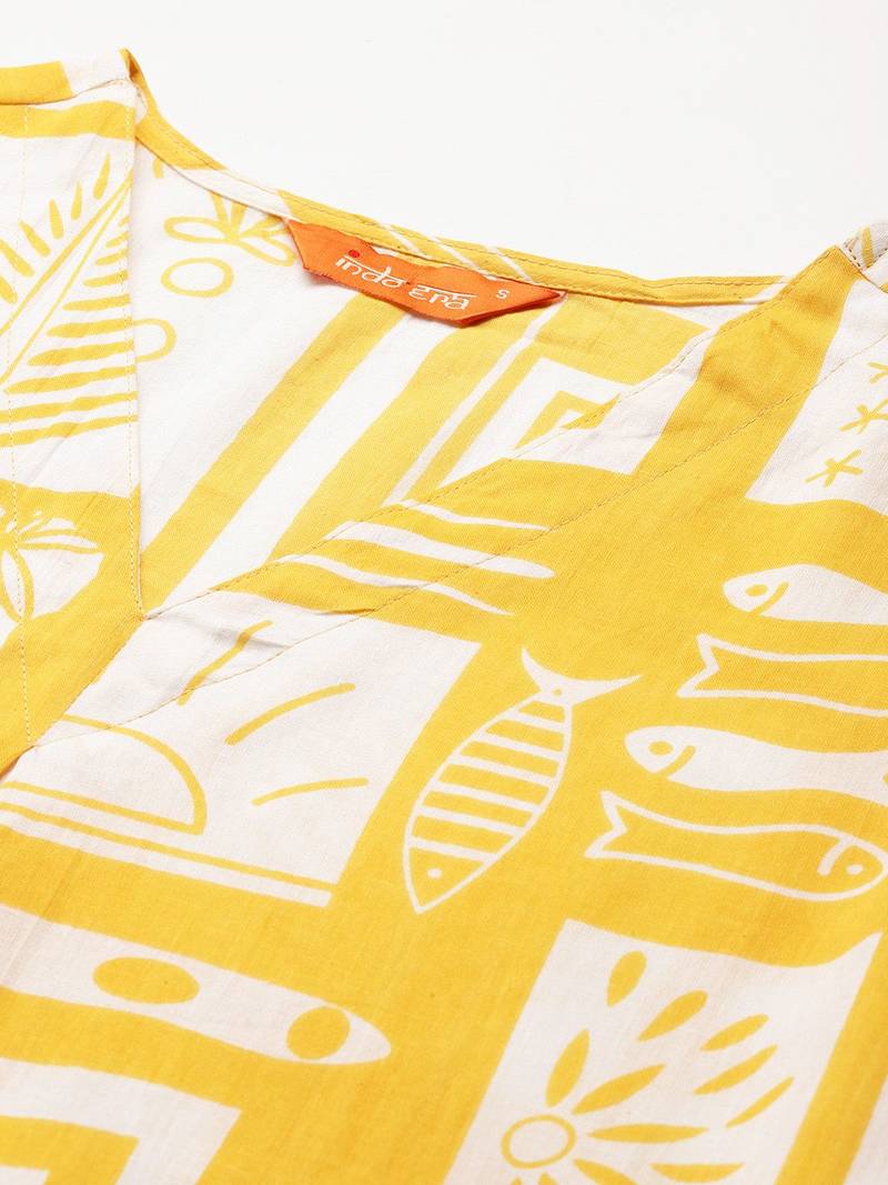 Geometric Printed Pleated Pure Cotton Kurta with Trousers