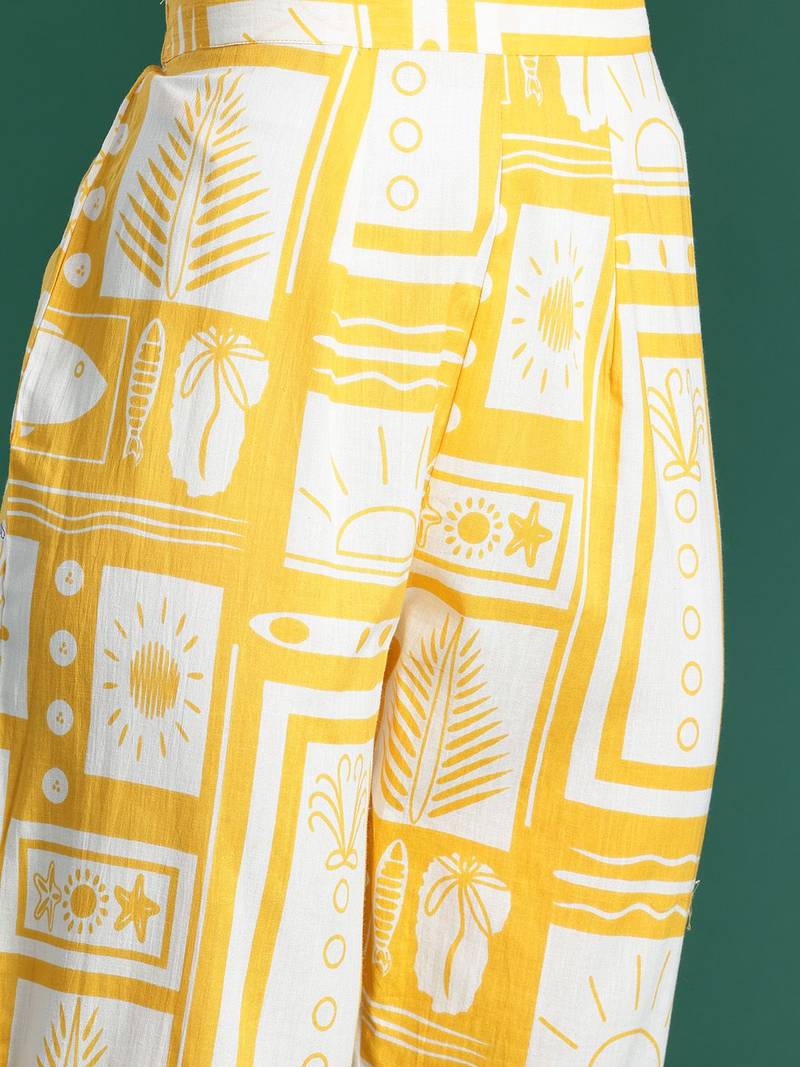 Geometric Printed Pleated Pure Cotton Kurta with Trousers