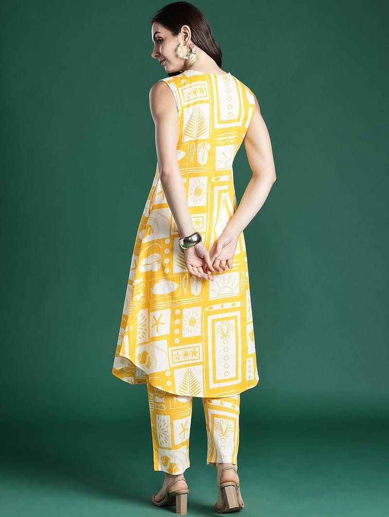 Geometric Printed Pleated Pure Cotton Kurta with Trousers