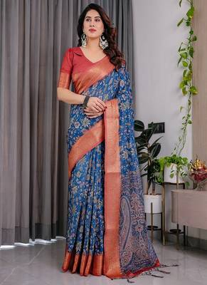 Blue Color digital floral prints And zari woven Work Linen Saree 1
