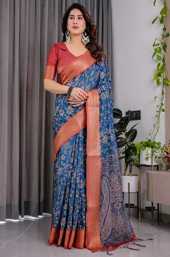 Blue digital floral prints And zari woven Work Linen Saree
