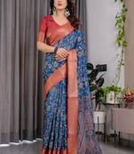 Blue Color digital floral prints And zari woven Work Linen Saree